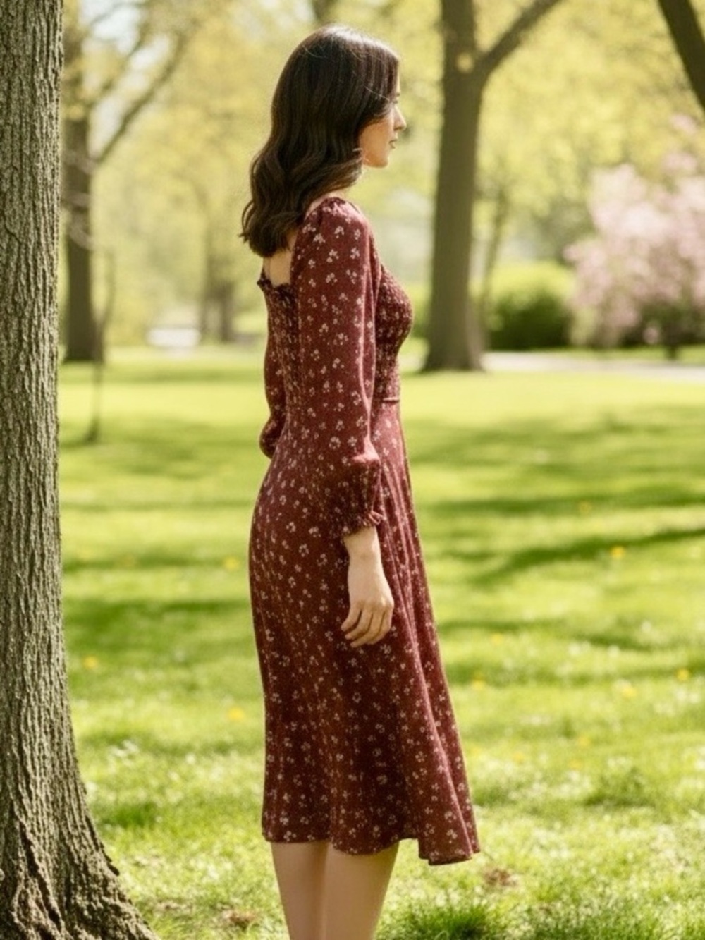 SHEIN Floral Ditsy Smocked Square-Neck Midi Dress - Picture 6 of 11